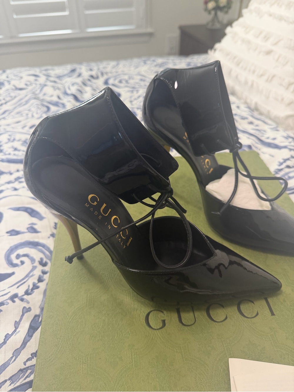 Gucci Black Patent Pointed Lace-Up Ankle Stilettos - Picture 2 of 11